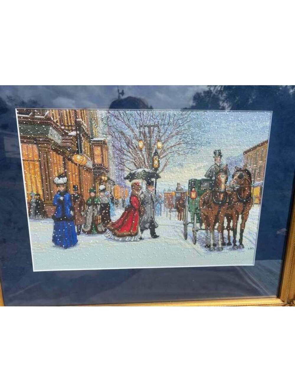 Framed Victorian Winter Scene Cross Stitch Signed Lois